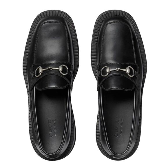 Gucci Horsebit Chunky Loafers Lug Sole Black Leather Shoes G 9/ US 9.5 NIB $990 - Picture 1 of 13